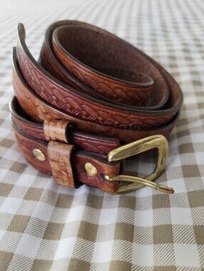 Vintage L.L. Bean Double Strap Leather Belt Basketweave Embossed Brass Buckle